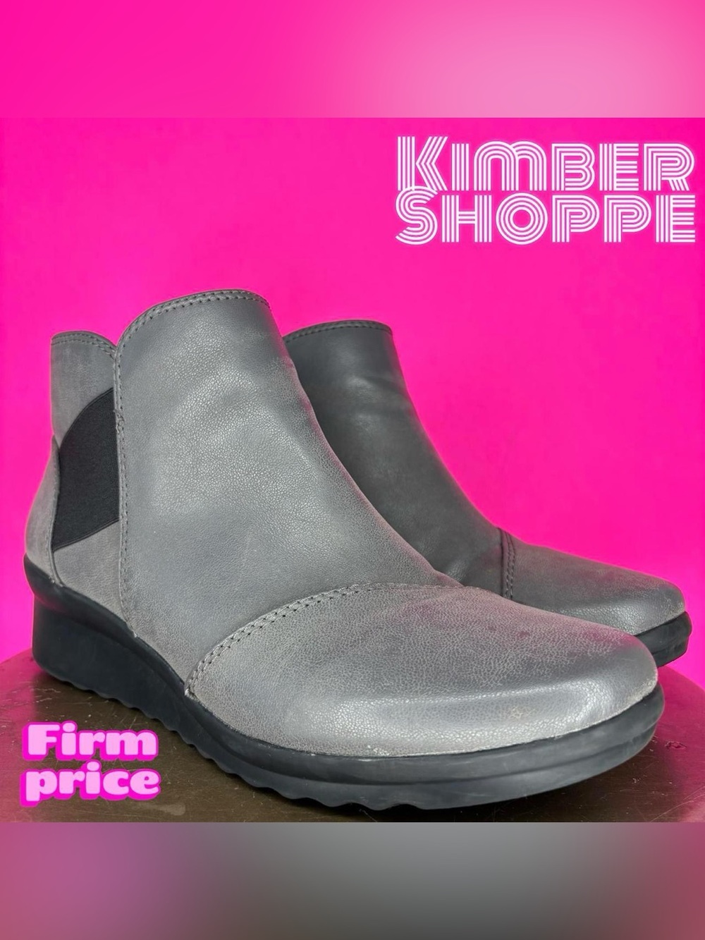 Clarks Caddell Tropic Gray Leather Low Wedge Heel Ankle Boot US 8W UK 5.5 EU 39